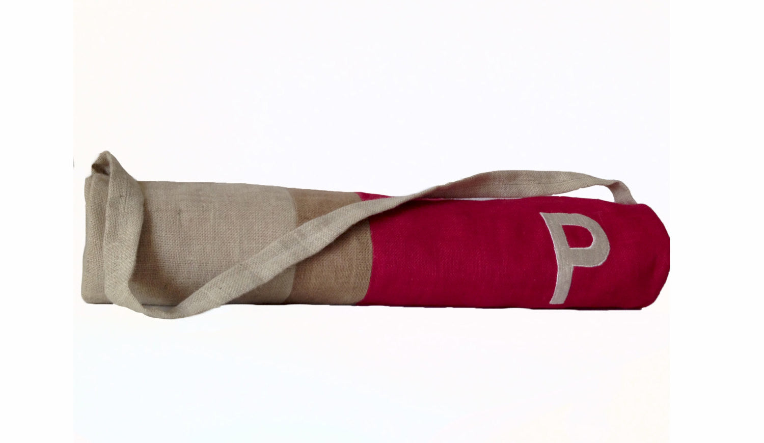 Handmade burlap fuchsia beige yoga mat bag with color block