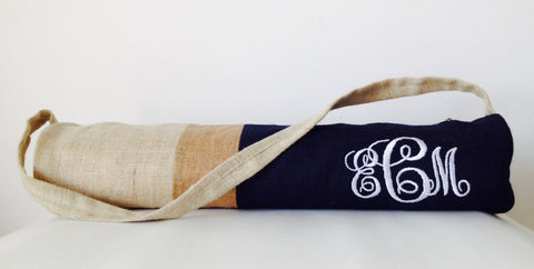 Handmade burlap navy blue yoga mat bag with color block