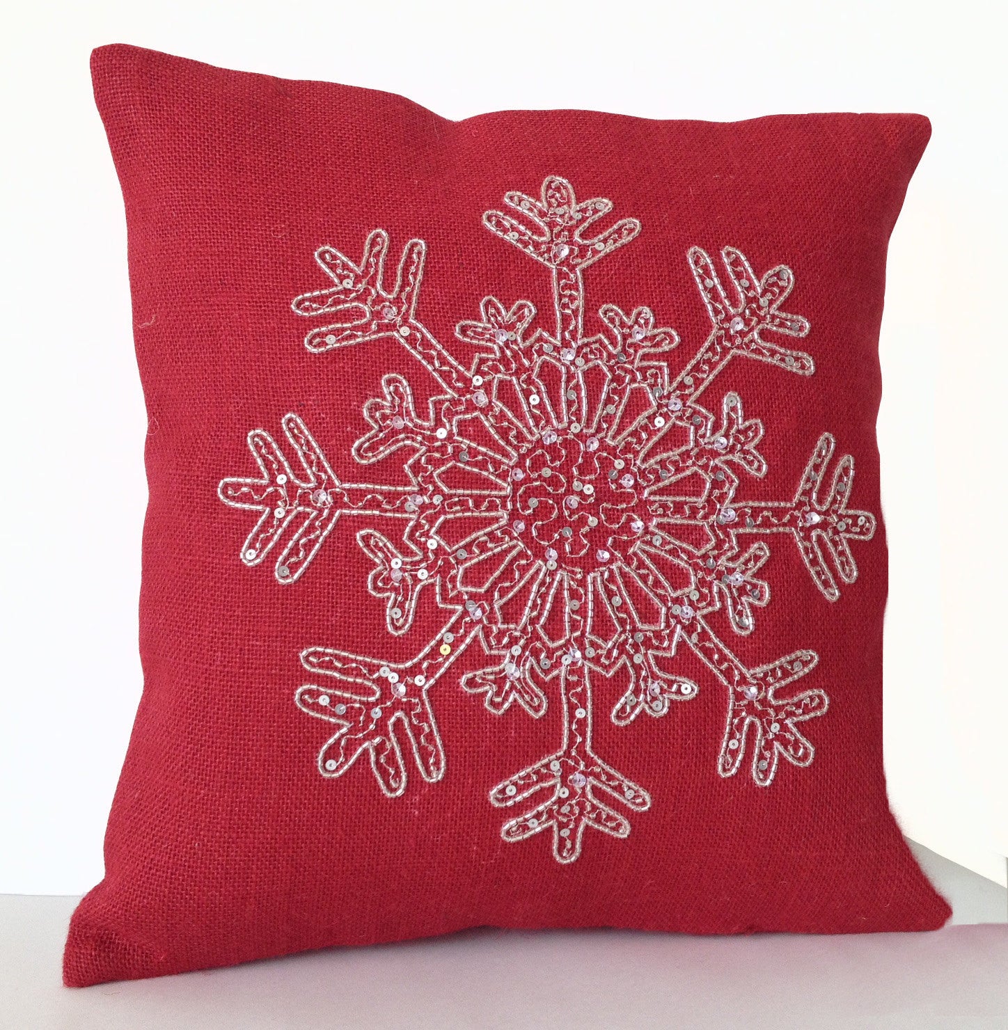 Handmade red burlap Christmas throw pillows