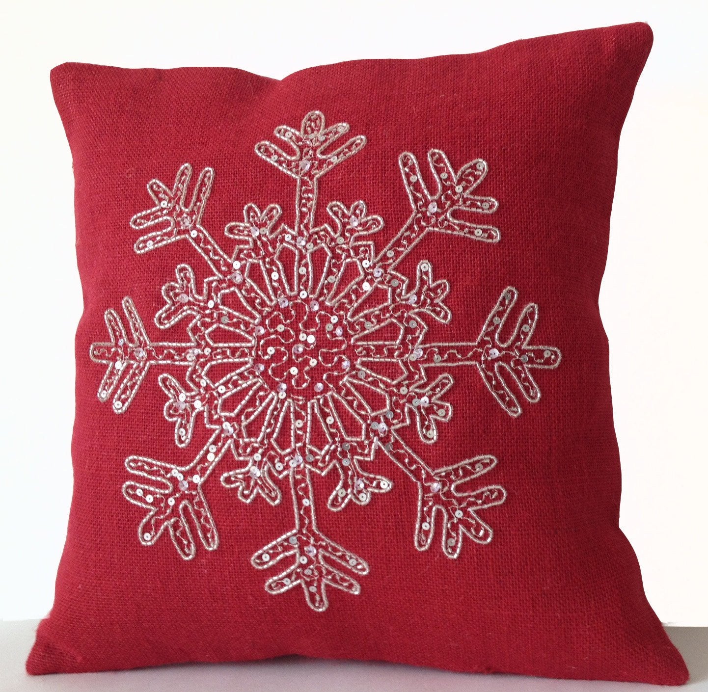 Amore Beaute Red Snowflake Throw Pillow cover With Silver Sequin Color