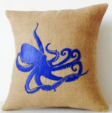 Handmade blue throw pillow with embroidered octopus design