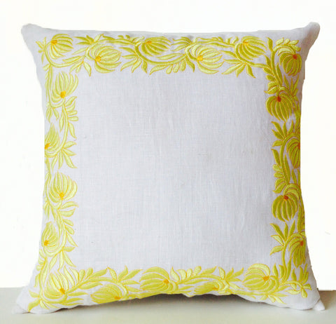 Handmade throw pillow case in white linen and flower embroidery