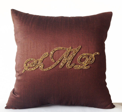 Handmade brown throw pillow cover with custom embroidery