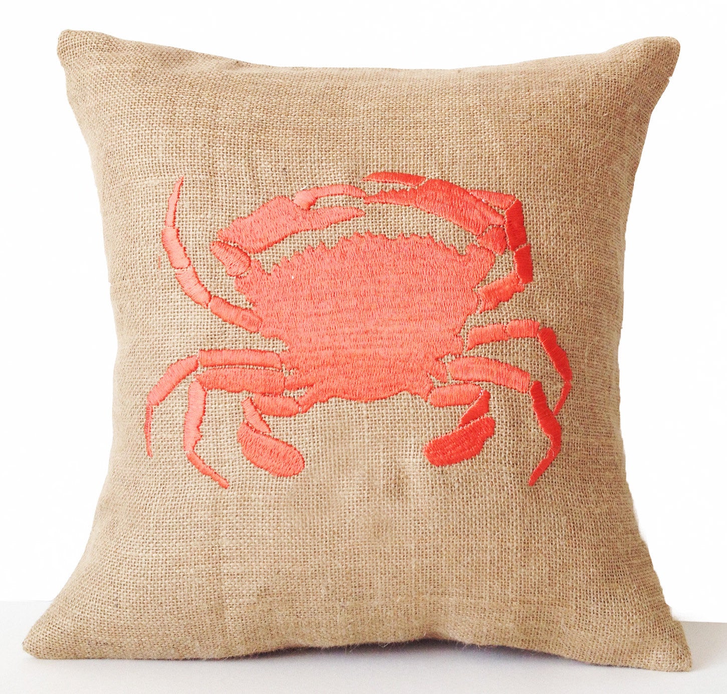 Handmade sea pillow cover with embroidered crab design