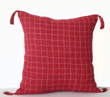 Handmade burlap red embroidered pillow cover with tassels