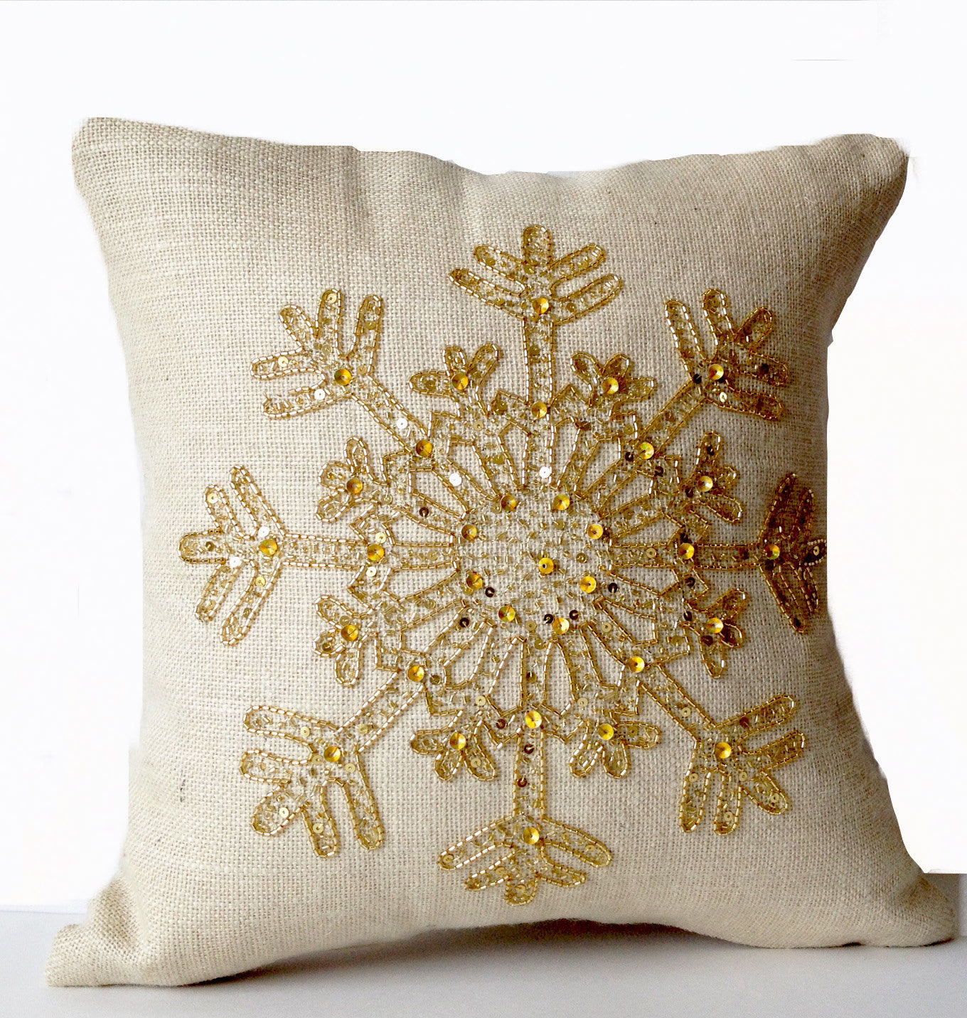 Handmade burlap pillow cover with gold snowflake