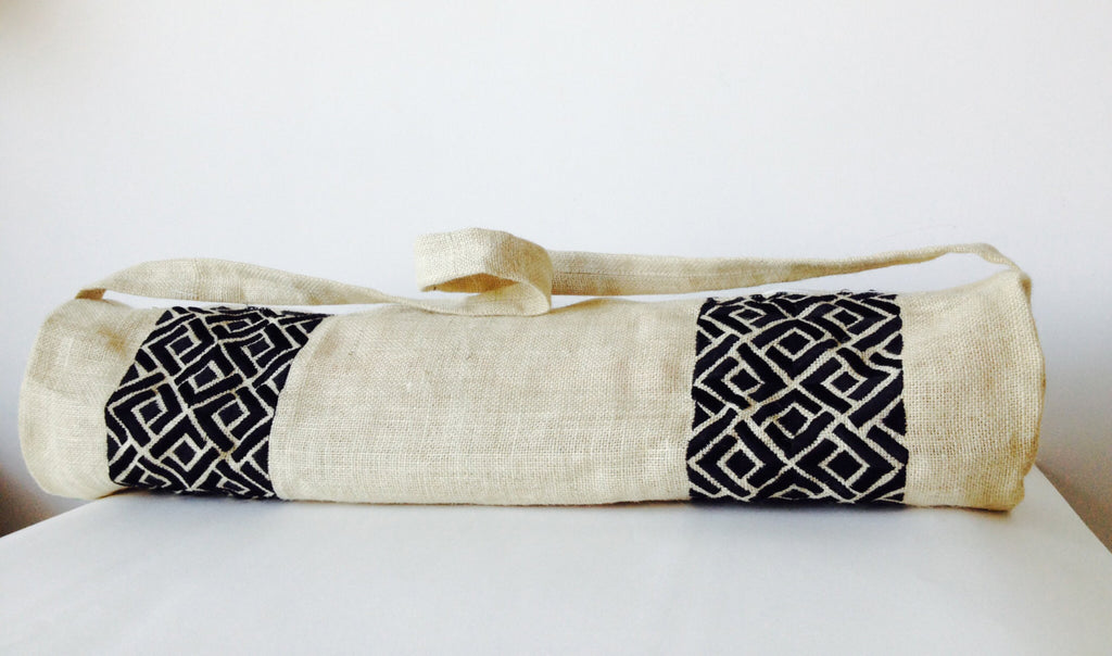 Shop for handmade ivory burlap black yoga bag with hand embroidery