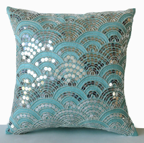Handmade, teal embroidered decorative pillow covers