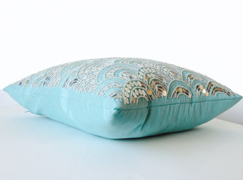 Handmade, teal embroidered decorative pillow covers