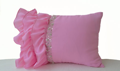 Amore Beaute Pink ruffled pillow, Georgette Ruffle pillow covers, Pink Lumbar Pillow