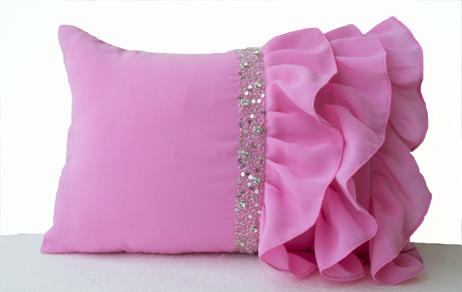 Amore Beaute Pink ruffled pillow, Georgette Ruffle pillow covers, Pink Lumbar Pillow