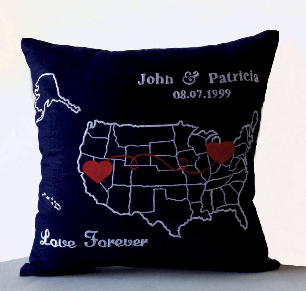 Amore Beaute USA map pillow cover with hearts, long distance relationship quotes symbols, names, and date on US or world map.