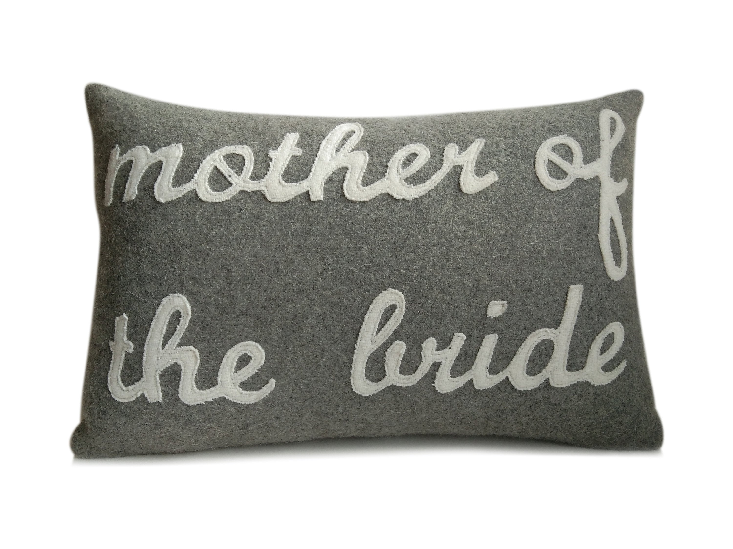 Amore Beaute throw pillow has a beautiful and elegant script that says Mother of the Bride.