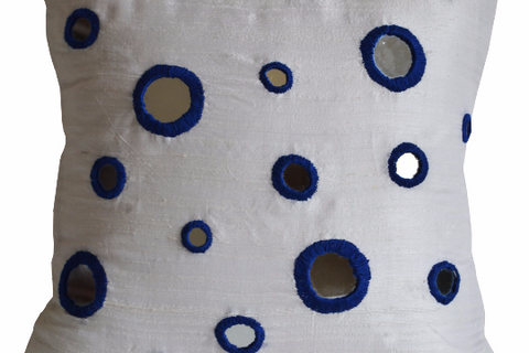 Handmade ivory silk throw pillow with blue mirror thread work
