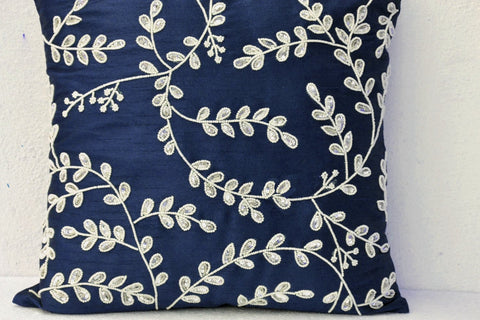 Amore Beaute Handmade Bead Sequin Leaves Navy Blue Pillow Cover -Silk Throw Pillow Cover, dorm pillow cover