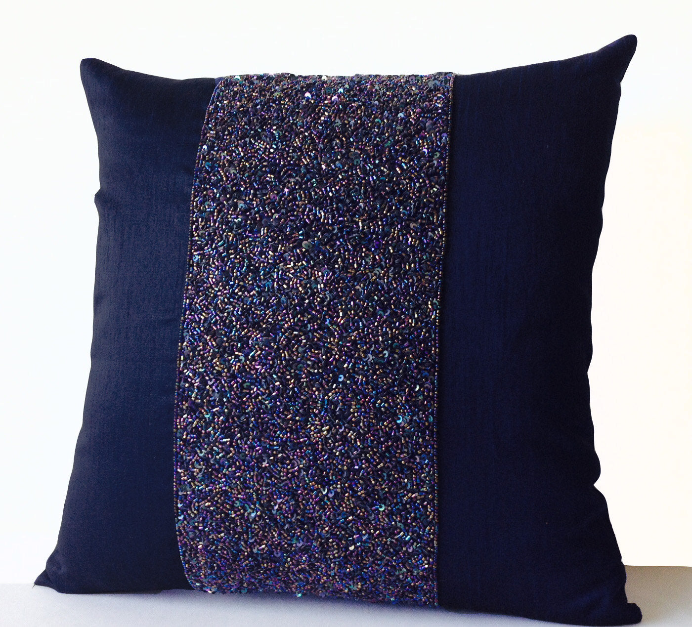 Amore Beaute Navy Blue Beaded Sequin Pillows, Navy Silk Metallic Pillow Cover, Sparkle Pillow Gift