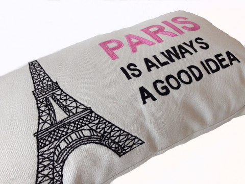 Handmade pink and black throw pillow with embroidered Eiffel Tower.