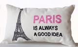 Handmade pink and black throw pillow with embroidered Eiffel Tower.