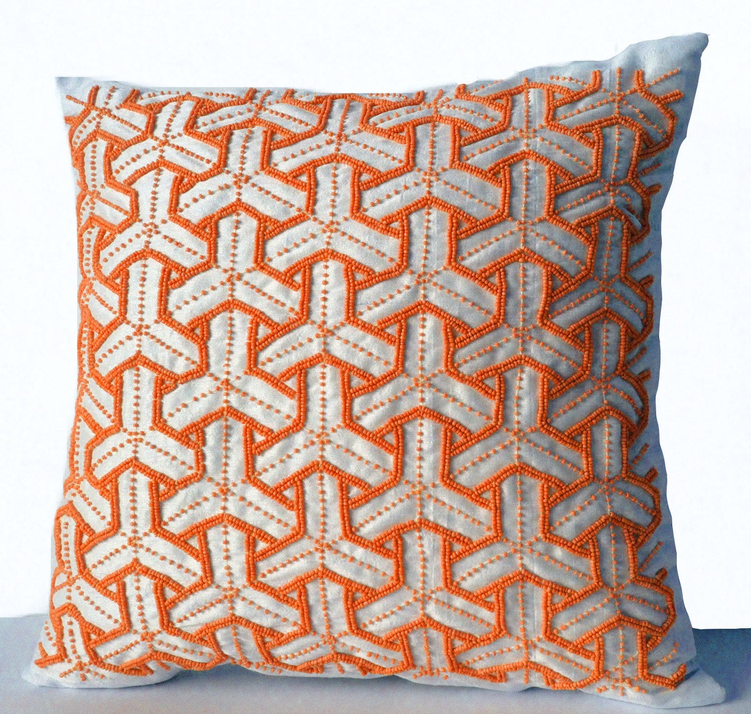 Amore Beaute Ivory Silk Throw Pillow Cover, Orange Bead Geometric Sashiko Designer Pillow,Decorative pillow