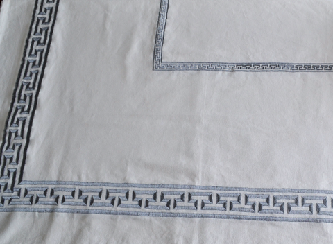 Table Cloth, White Cotton Table Linen Gray Greek Key Embroidery Valentine Table Linen Gift Wedding Anniversary Birthday