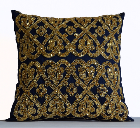 Handmade throw pillow with gold sequin beads embroidery