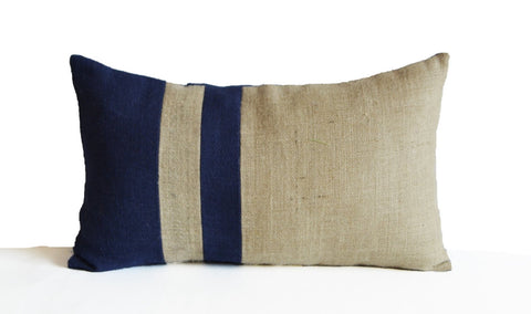 Amore Beaute Burlap Pillow Cover, Navy Blue Ivory Pillow, Nautical Pillow, Beach Pillow, Lumbar Pillow