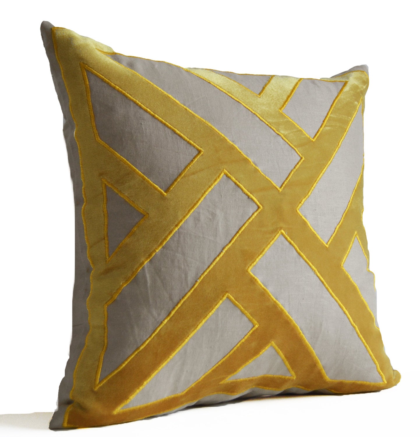 Amore Beaute Grey linen pillow cover with yellow velvet pillow to create a textured geometric pattern, dorm pillow cover