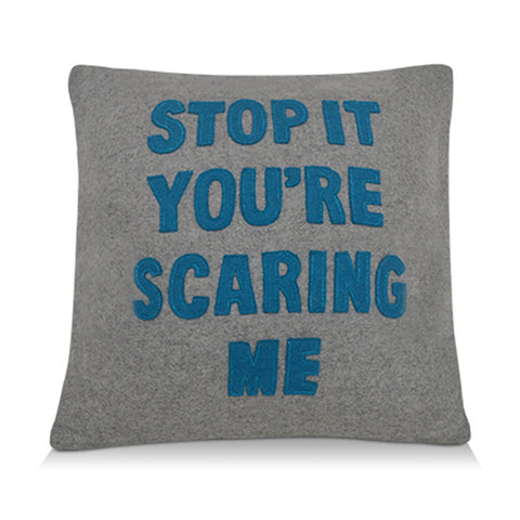 Amore Beaute Stop It You’re Scarring Me Quote Pillow Cover -Felt Pillow Cover -Blue Applique On Grey Felt Pillow Cover